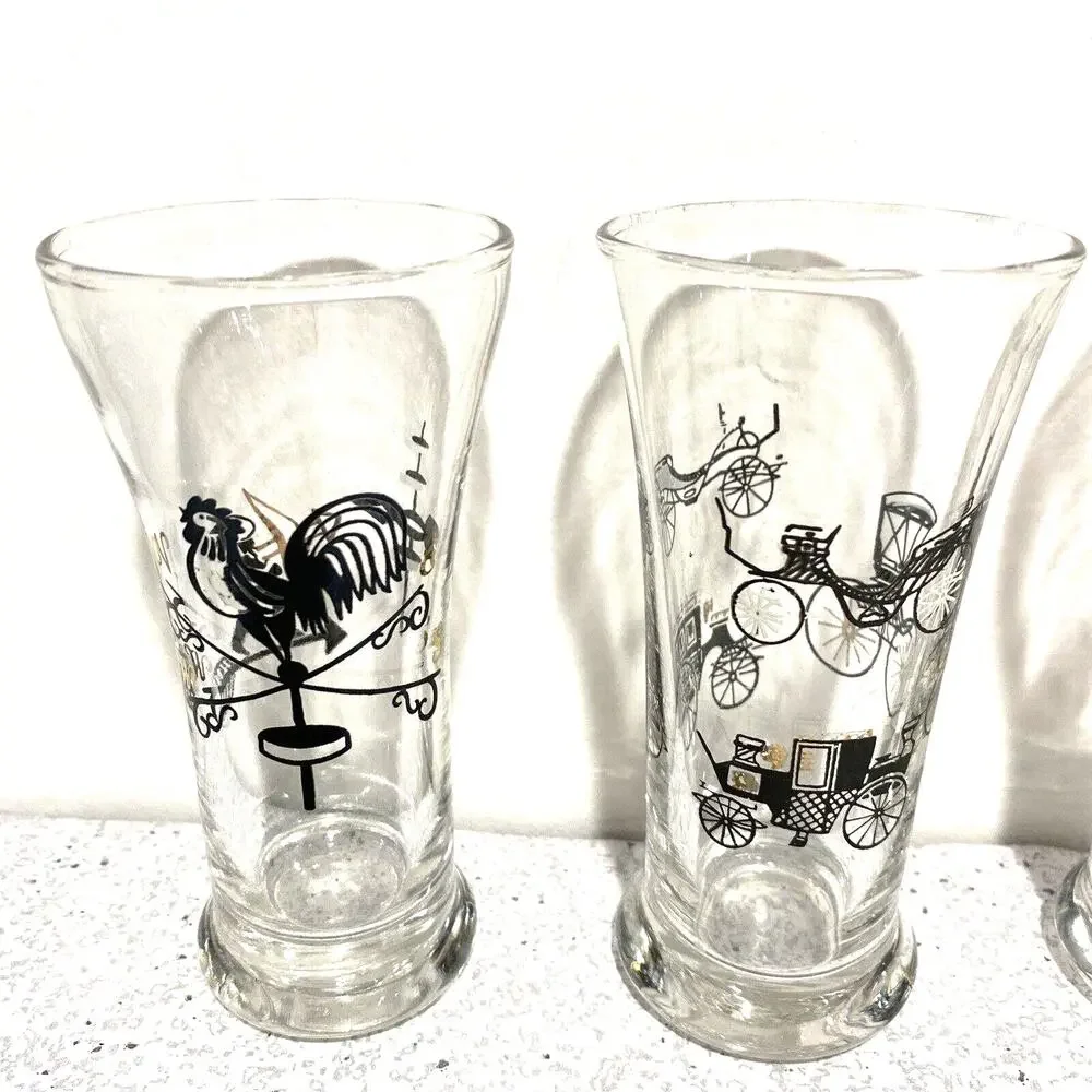 Vintage Juice Glasses Set (5) Retro Clear Glass & Black Gold Roosters Carriages